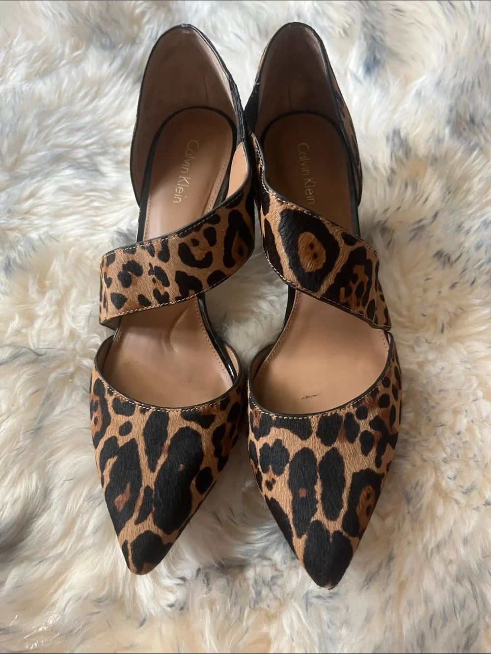 Calvin Klein  Leopard Print Pointed Toe Mary Jane Flats - Brown/Black
